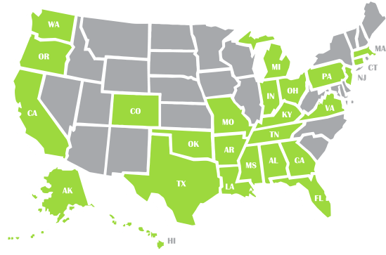 Map of national locations across 25 U.S. States